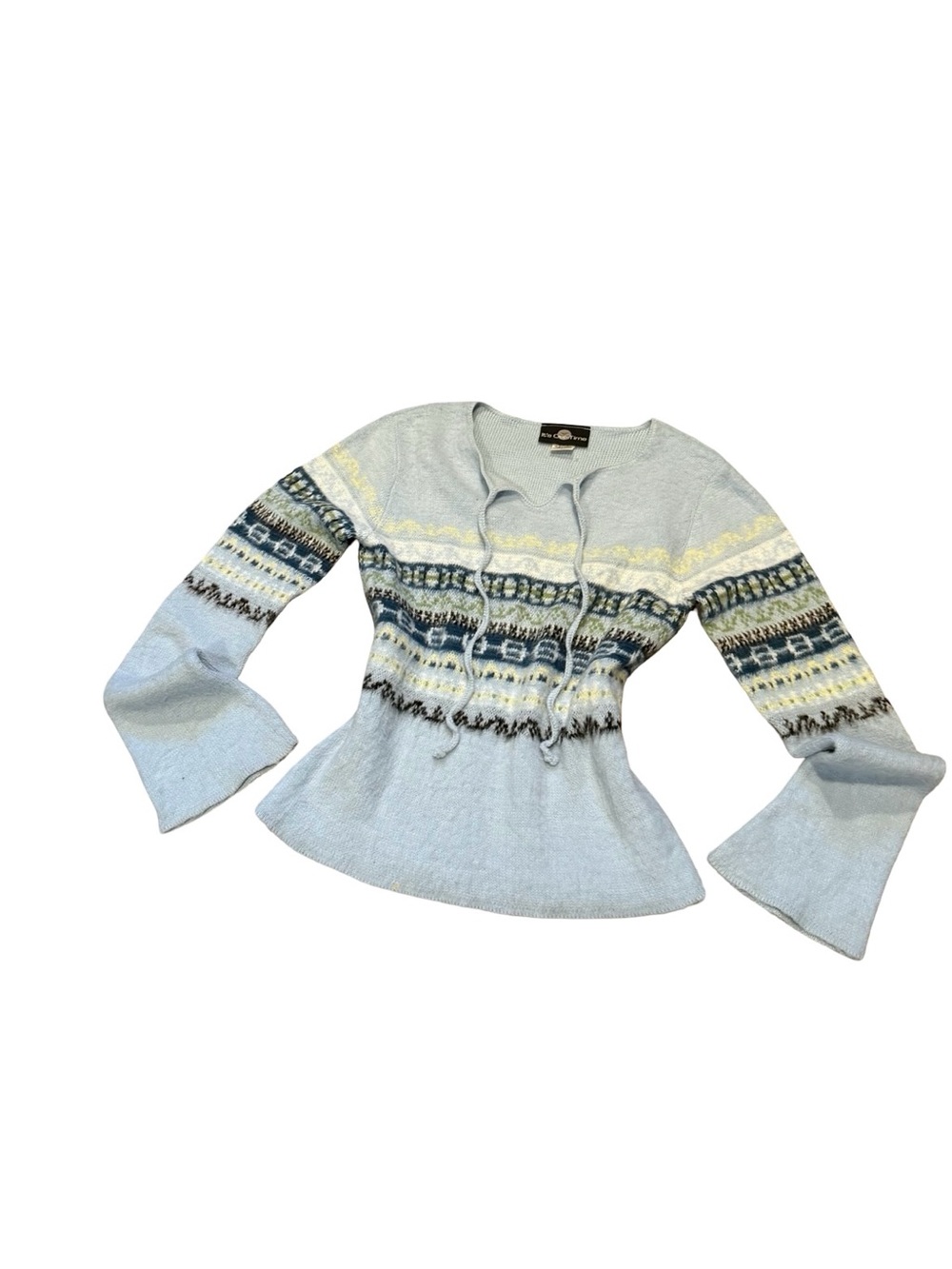 Y2K It's Our Time Light Blue Patterned Bell-Sleeve Knit Pullover